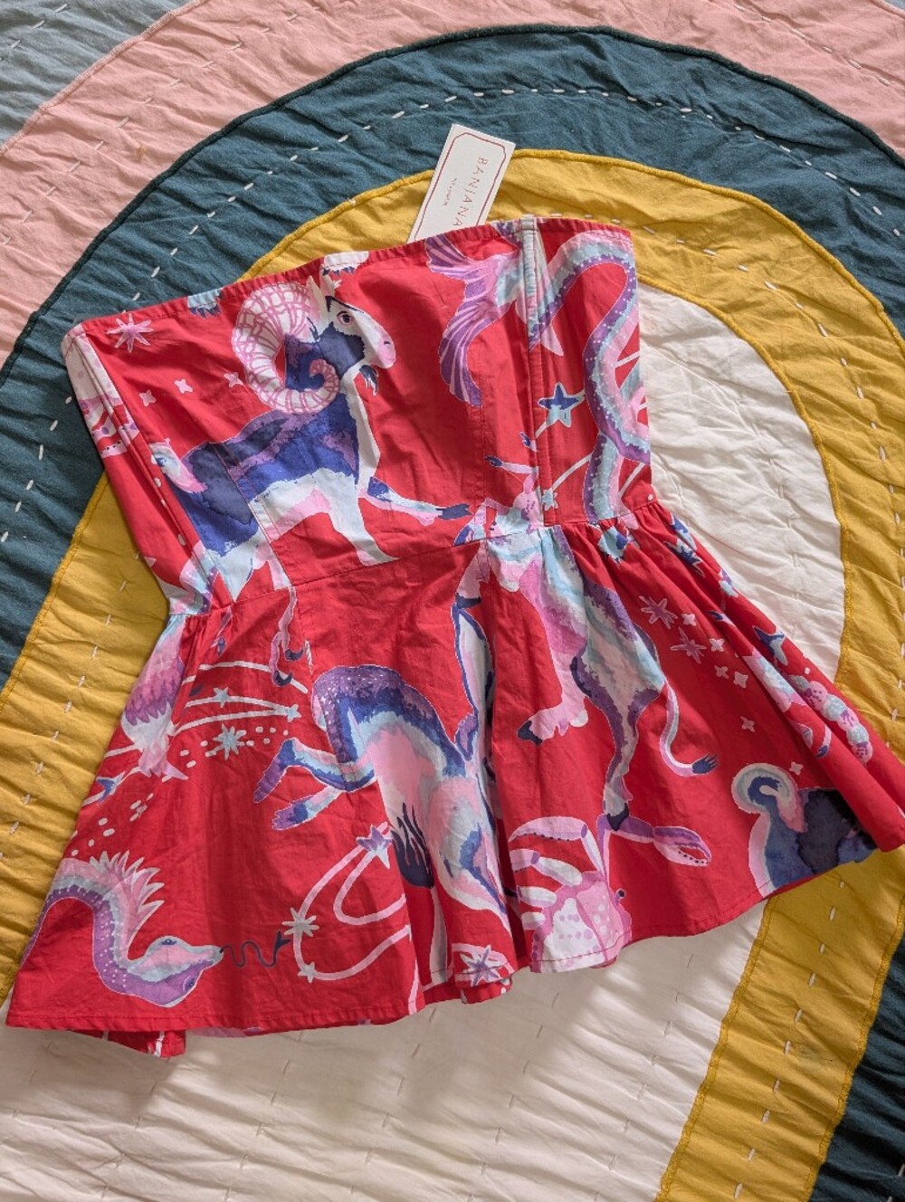 Banjanan Whimsical Red Goat Print Strapless Peplum Top